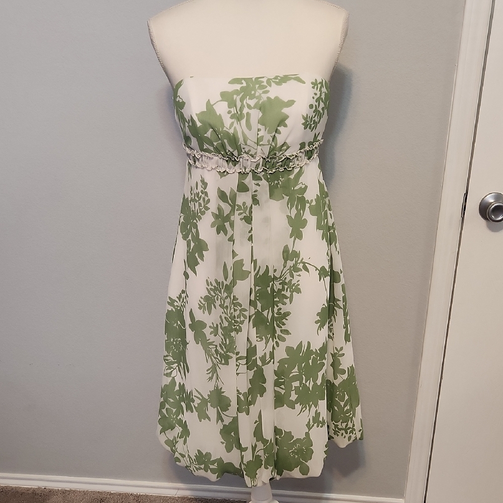 White and Green Ruched Tiered Strapless Sundress